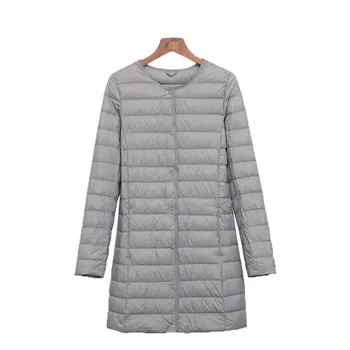 

Women's down coat lightweight long round collar variable v neck buckle han edition thin long sleeve coat M-4XL