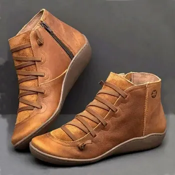 

2019 Retro Ankle Boots Women Wedge Heel Zip Short Bootee Woman Lace up Flat Boots Female Autumn Winter Casual Shoes Big Size 43
