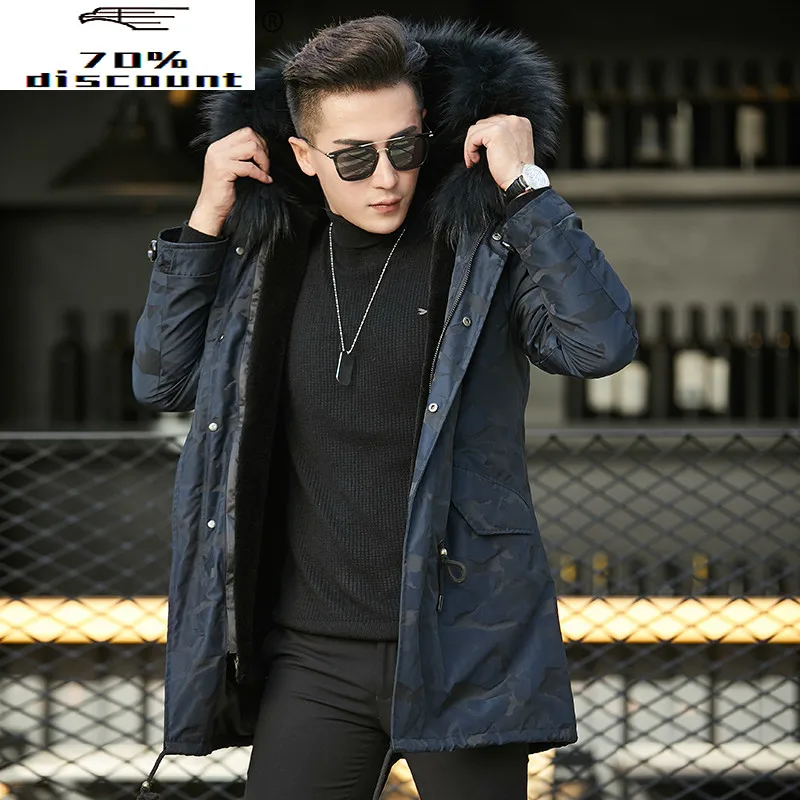

Parka Real Fur Coat Men Real Sheep Fur Liner Winter Coat Men Real Raccoon Fur Collar Hooded Parkas Casaco 2009 YY2362