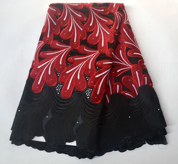 

Black+red 100% Cotton African Laces Fabrics High Quality French Swiss voile Embroidery Lace Fabric 5Yards Wedding For Dress