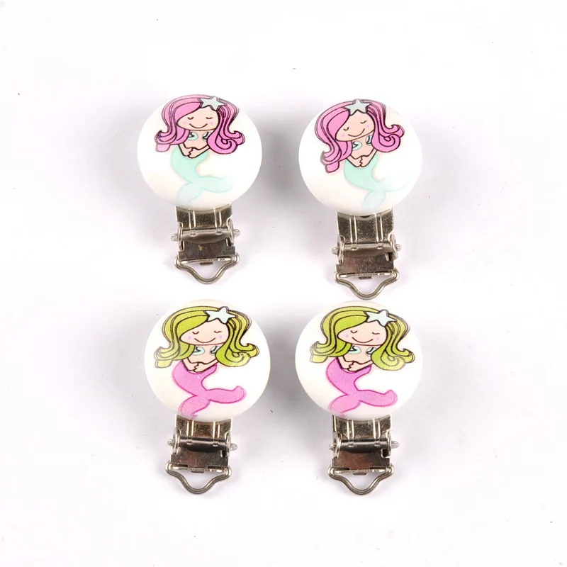 

2pcs Environmentally Friendly Wooden Baby Pacifier Clip DIY Cute Mermaid Pattern Pacifier Buckle Making Jewelry Wholesale