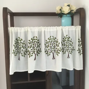 

Rural Style Cotton Linen Half Curtain Door Curtain Green Fortune Tree Embroidered Tulle Short Curtain For Bar Kitchen Custommade