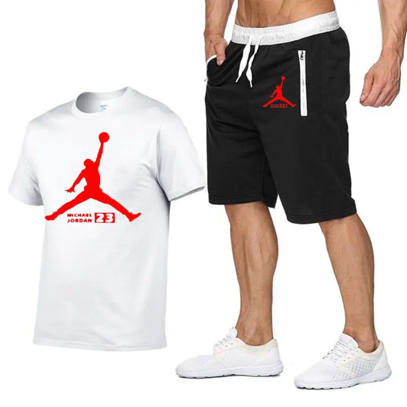 JORDAN 23 спортивный костюм с принтом футболка+ шорты модные тенденции в Фитнес хлопок брендовые футболки для мужчин бодибилдинг одежда M-XXL - Цвет: white