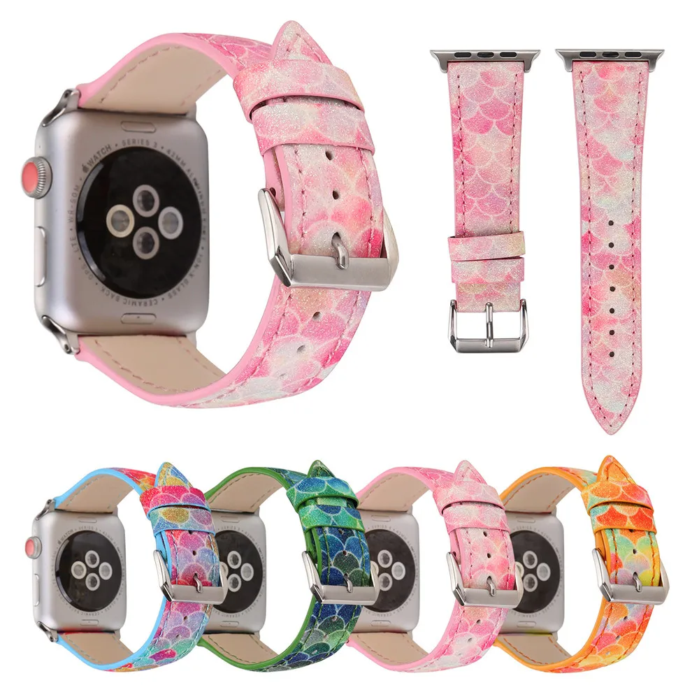 

Watchband for Apple watch 1/2/3 38mm 40mm Genuine leather Mermaid scales strap for iwatch 4/5 42mm 44mm Upscale leather strap