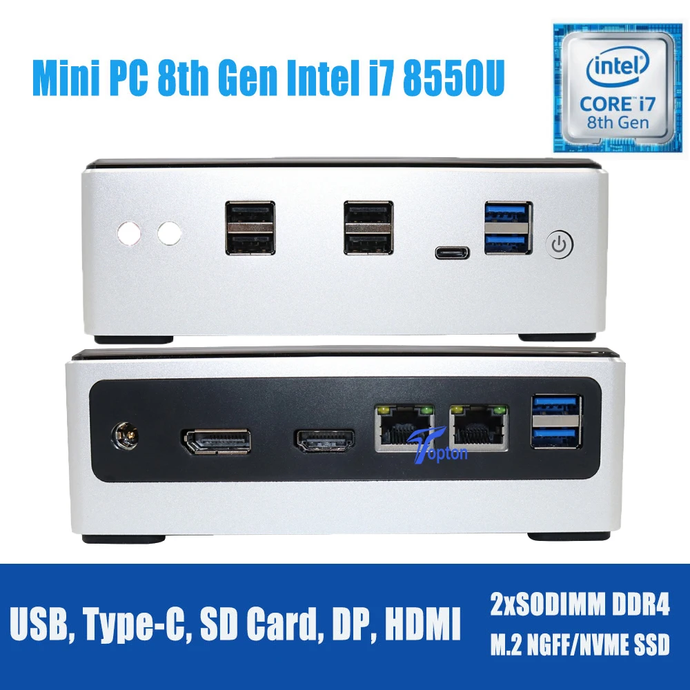 

8th Gen Mini PC Intel i7 8550U i5 8250U 4 Core 8 Threads 2*DDR4 M.2 NVMe NUC Pocket Computer Win10 Pro Linux WiFi USB-C DP HDMI