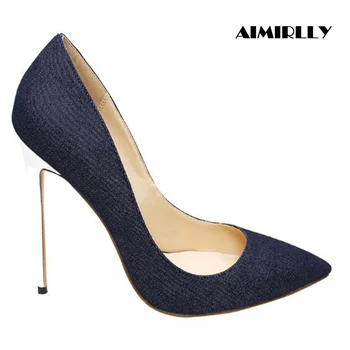 

Denim High Heels Pointed Toe Women Shoes Stilettos Pumps Spring Summer Party Formal Clubwear 10cm Thin Blue Big Chart Sizes US15