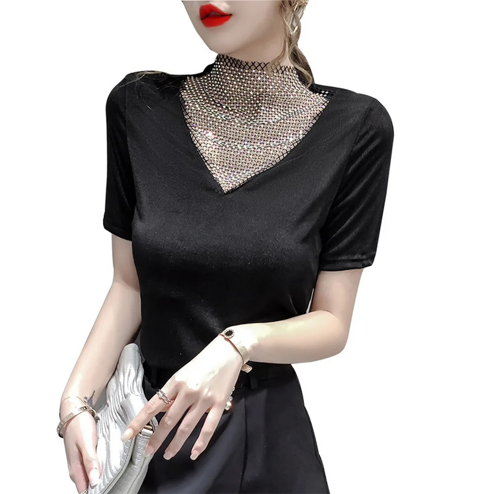 2020 Vintage New Women Diamond T Shirt Solid Color