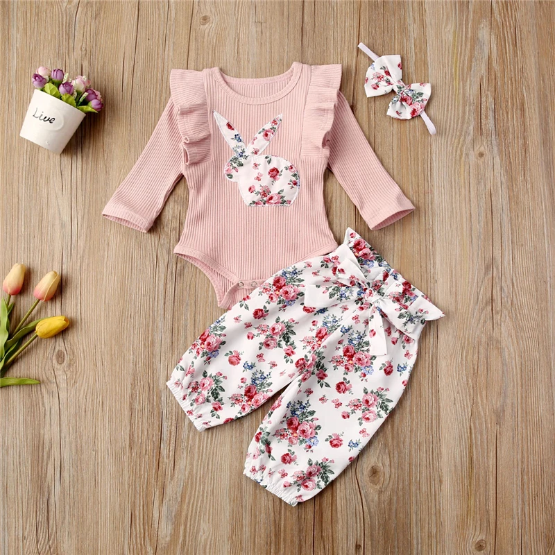 

Toddler Kids Baby Girls Outfits Sets Long Sleeve Clothes Romper Tops +High Waist Floral Pants 3PCS Sets