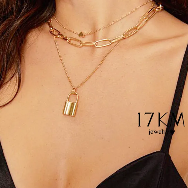 Buy Cheap17KM Fashion Multi Layer Lock Portrait Pendants Necklaces For Women Gold Metal Key Heart Necklace New Design Jewelry Gift.