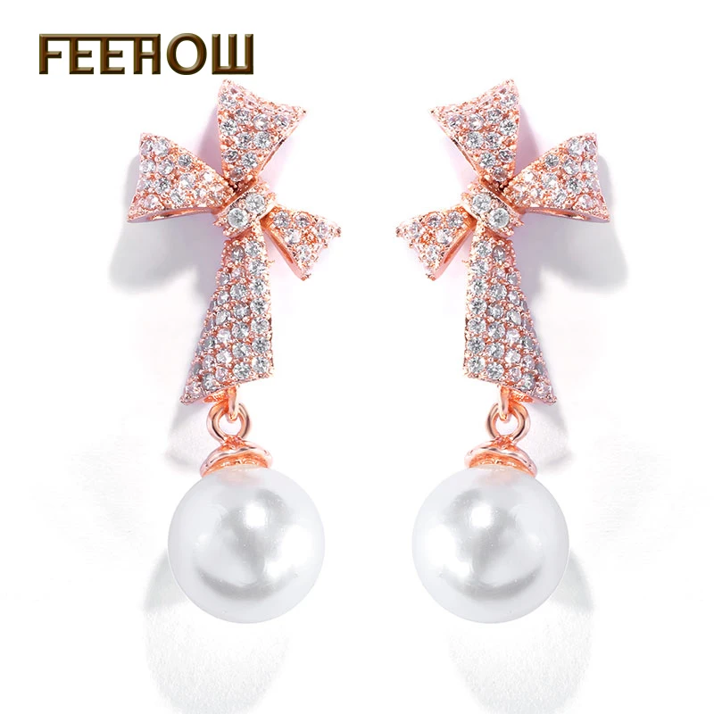 Женские серьги с бантом FEEHOW серьги-подвески цвета розового золота 585 пробы