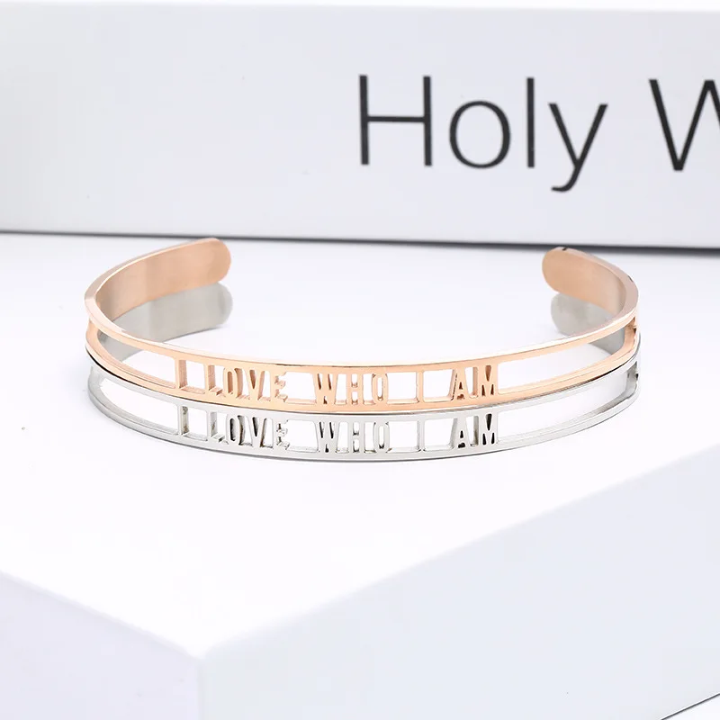 

Positive Inspirational Quote Cuff Bracelets I LOVE WHO I AM Mantra Bracelets Bangles Stainless Steel Bracelets for Women Jewelry