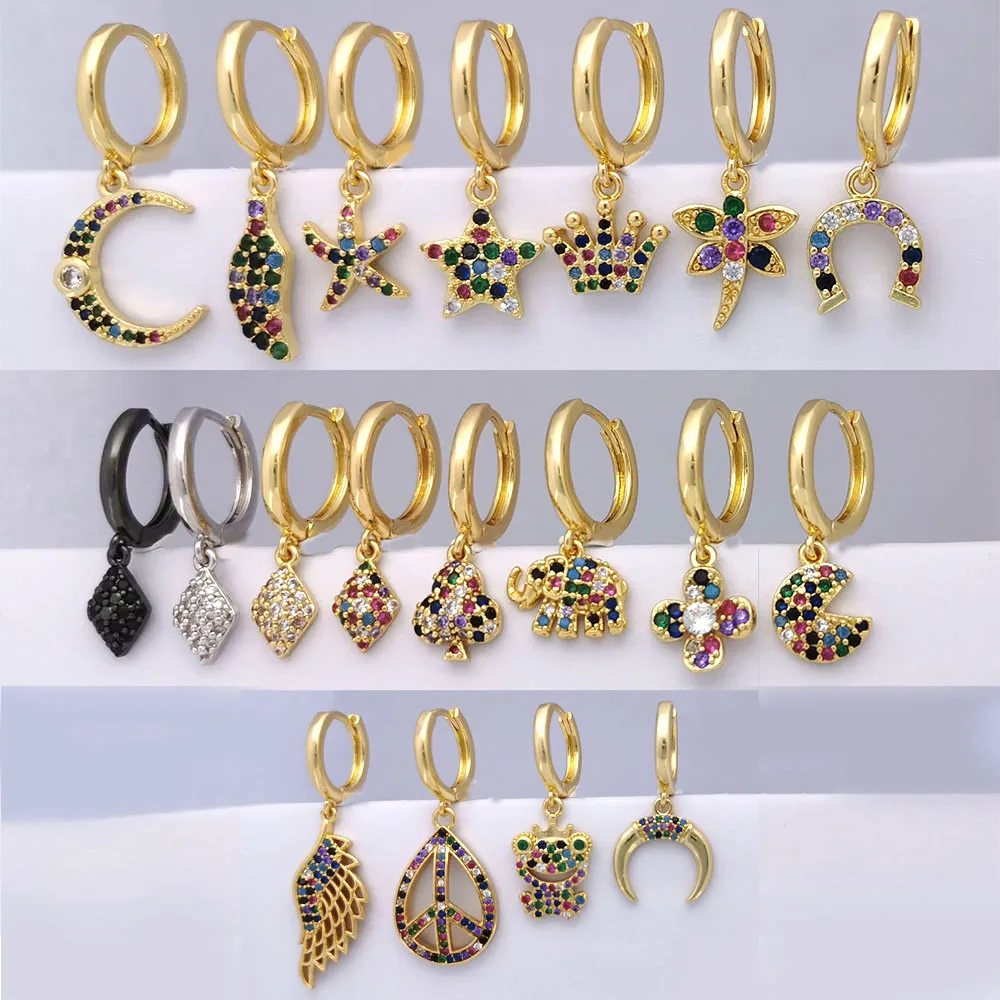 

Small Hoop Earrings Women Gold Color Geometric Elephant Moon Crown Star Flower Wing CZ Rainbow Jewelry Kid Hoops Bean Man 1pc