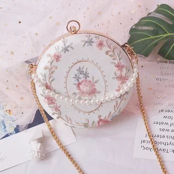 

Embroidery Evening Bags Ancient Style for Women Round Shaped Shoulder Bags Female Pink Dinner Bags Velvet Texture Clutch Purse