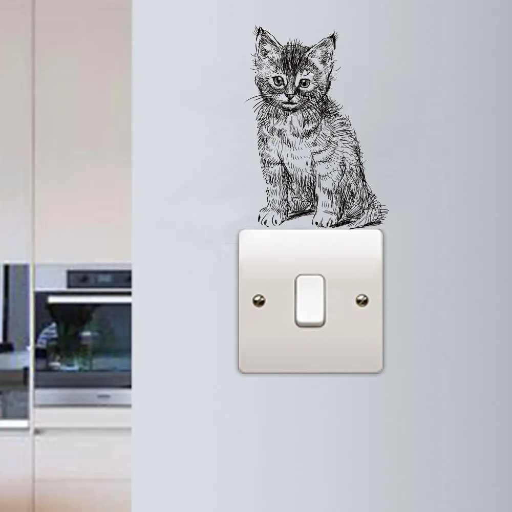 Lovely Cute Little Cat Baby Light Switch Stickers On Wall Art Sketch Laptop Decals for kids Nursery Room Home Decoration Mural (3)
