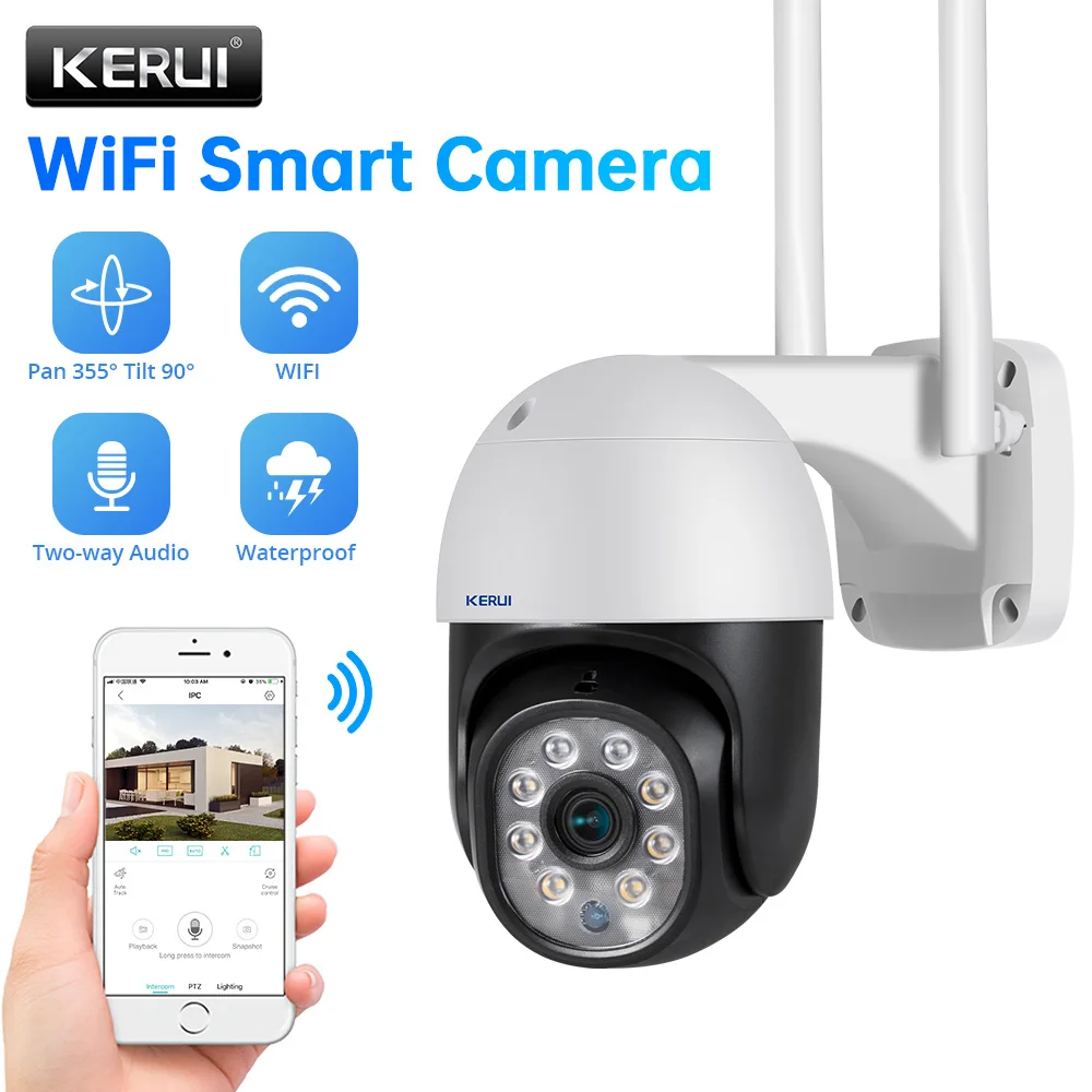 KERUI-cámara IP de seguridad para el hogar, dispositivo de vigilancia PTZ a todo Color con visión nocturna, alarma de detección de movimiento, HD 1080P, Wifi, para exteriores