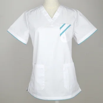 

Plug Size S-4XL Women Fashion Scrub TOP Short Sleeve Medical Uniforms Nurse White Workwear Enfermeria V Neck Shirt Mock Wrap