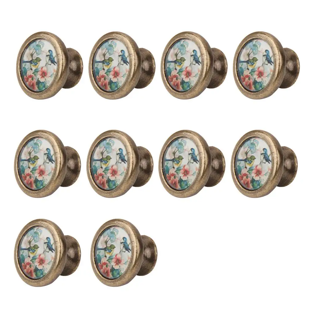 10Pcs Vintage Brass Wardrobe Drawer Door Cupboard Pull Bin Retro Handle Knob Birds and Flower Pattern