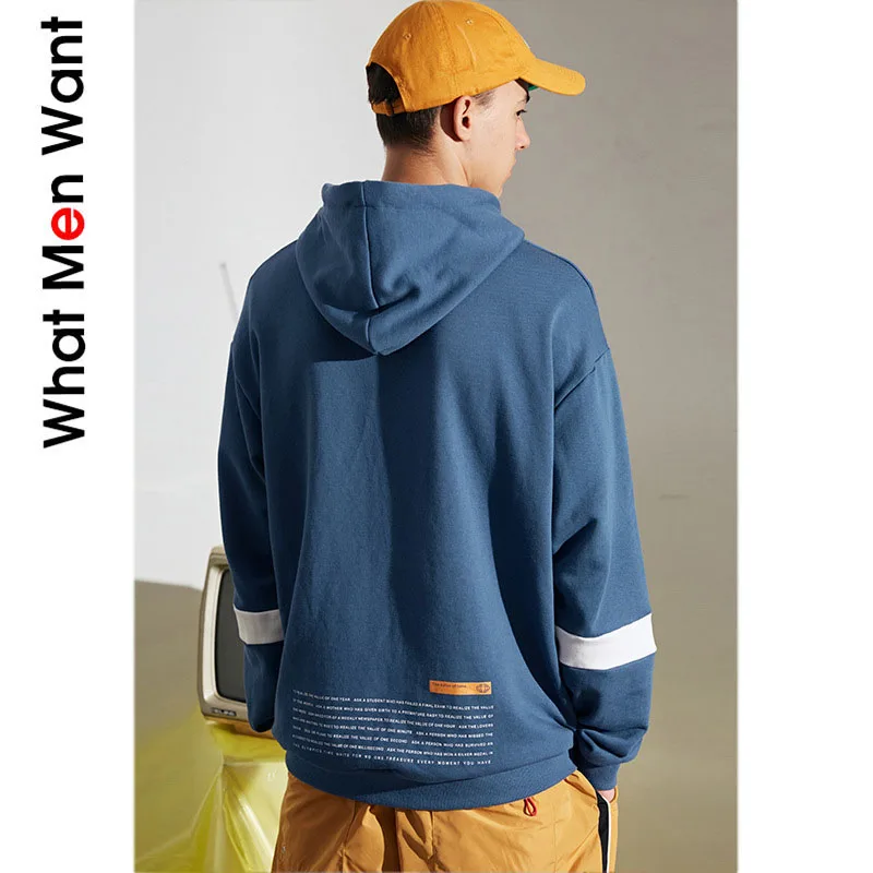 

IVRESSE Blue Line Patchwork Hoodies Men Black Letter Print Hooded Pockets Sweatshirt Male Fashion Casual Sport Street Pullovers