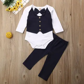 

Party Newborn Baby Boys Clothes Sets Toddler Boys Gentleman Bow Long Sleeve Button Romper+Leggings Pants 2 Pcs Outfits Suits