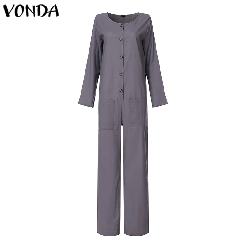 Серый VONDA/модные женские осенние хлопковые комбинезоны, женские комбинезоны, Комбинезоны на пуговицах, офисные женские повседневные свободные штаны размера плюс - Цвет: Серый