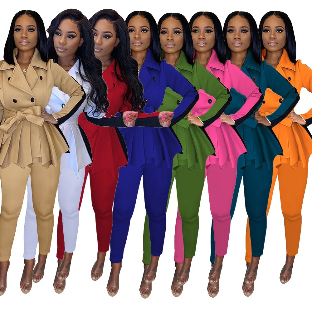 

Elegant Blazer Set Women 2 Piece Set Pleated Blazer Ruffle Tops Legging Pants Set Office Lady Tracksuit Fitness Workout Outfit