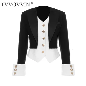 

TVVOVVIN Office Lady Patchwork FakeTwo pieces V-Neck Design Feel Self-cultivation Short Fund Loose Coat Suit Woman L329