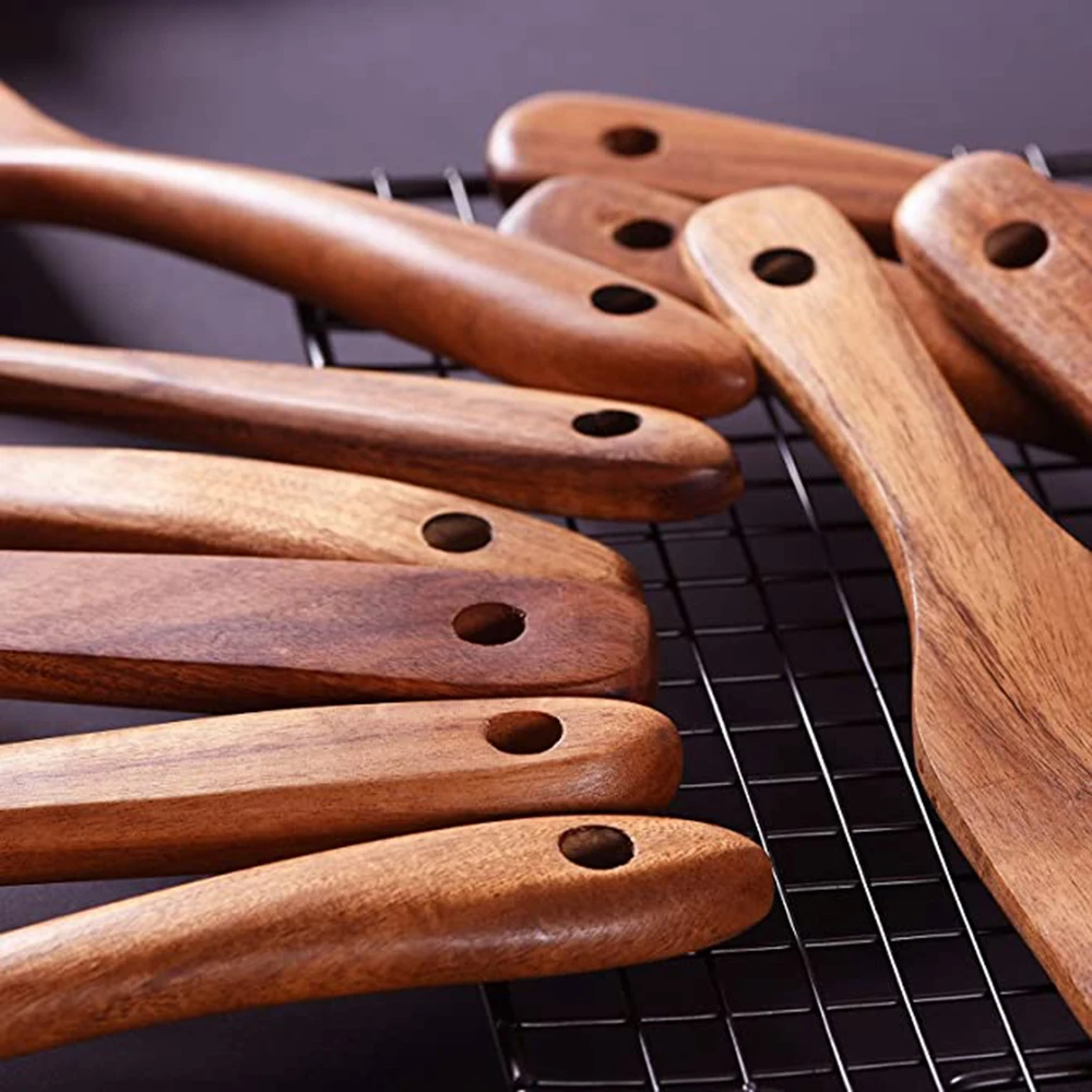 Wooden Kitchen Utensils set, Wooden Spoons for cooking Natural Teak Wood Non Stick Pots Kitchen Spatula Set for Cooking Gift