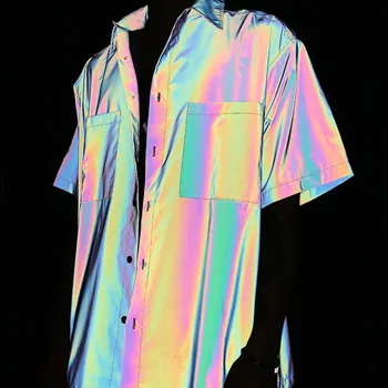 

Men's and Women's Colorful Reflective Short-sleeved Shirt Men's Loose Casual Shirt Men Hip Hop Style Shirt