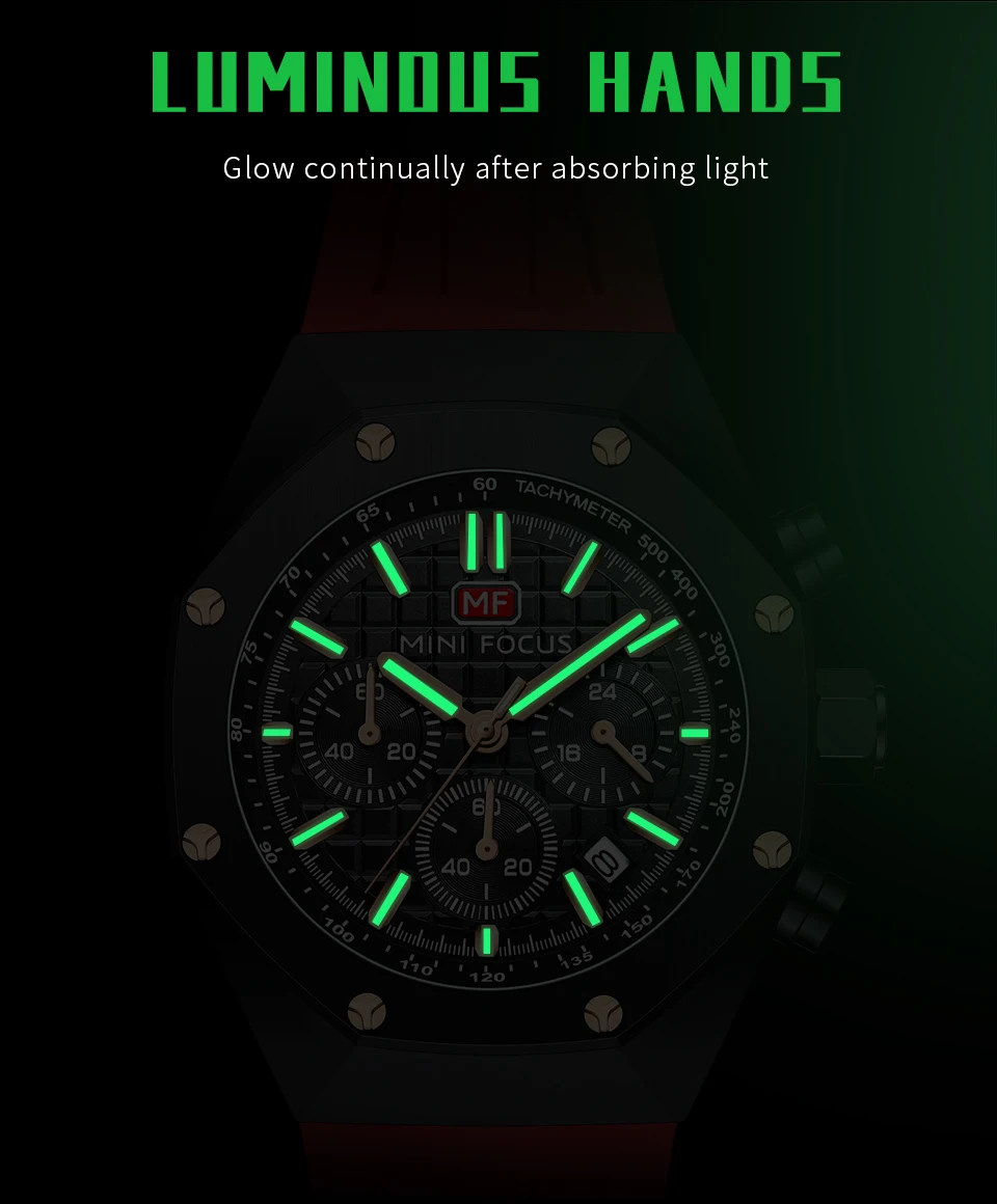 MINI FOCUS Polygon Design Alloy Quartz Wristwatch Luxury Brand Watch Men High Quality Silicone Chronograph Sport Waterproof Male