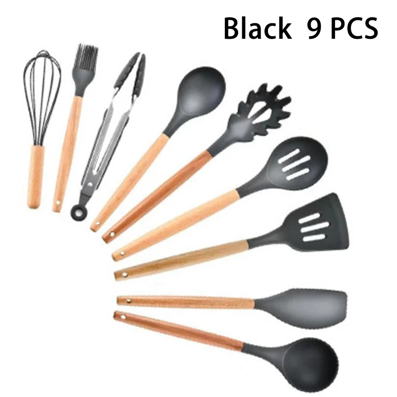 black 9pcs B 12 шт Силиконовая кухонная утварь набор антипригарная лопатка лопата с деревянной ручкой кухонная утварь с ящиком для хранения кухонные принадлежности - Цвет: black 9pcs B