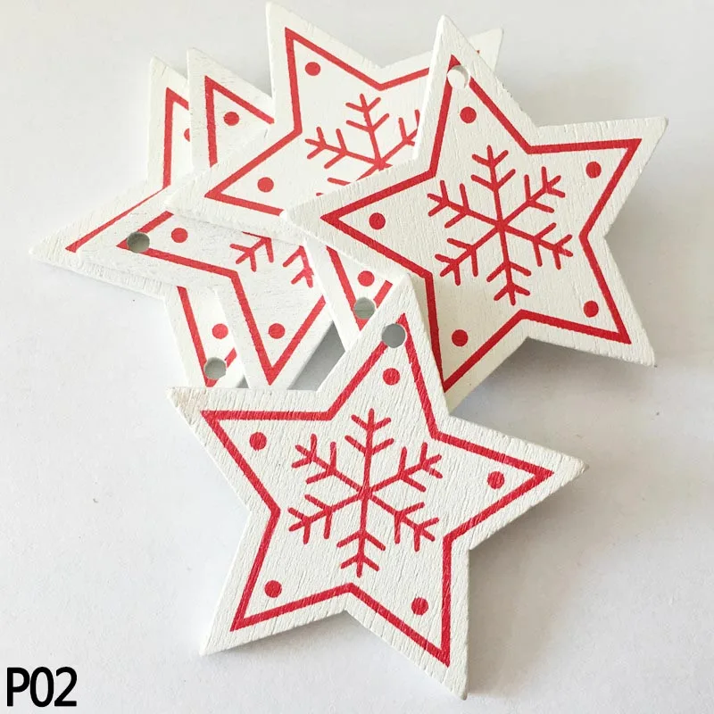 P02 10 шт., 5 см, белые, красные, деревянные рождественские украшения, звезда, сердце, Рождественская елка, подвесные Подвески для нового года, Рождества, украшения для дома, вечерние - Цвет: P02