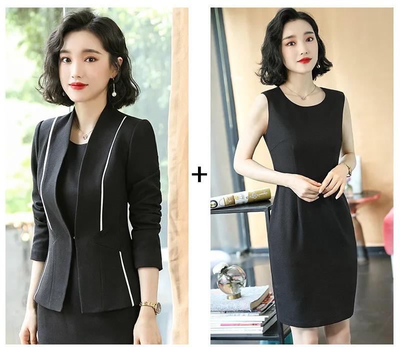Black Dress Set Черный красный женский элегантный офисный Блейзер платье пиджак костюм Дамская офисная одежда наборы костюмы деловые платья комплект из 2 предметов - Цвет: Black Dress Set