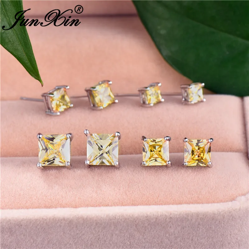 Vintage Yellow Crystal Princess Square Stud Earrings Geometric Zircon Stone Wedding Earrings For Women Stacking Ear Studs
