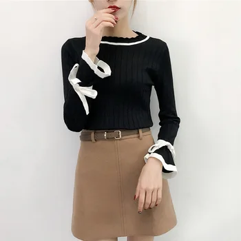 

Spring and autumn new stitching long-sleeved bowknot slim round neck sweater women red