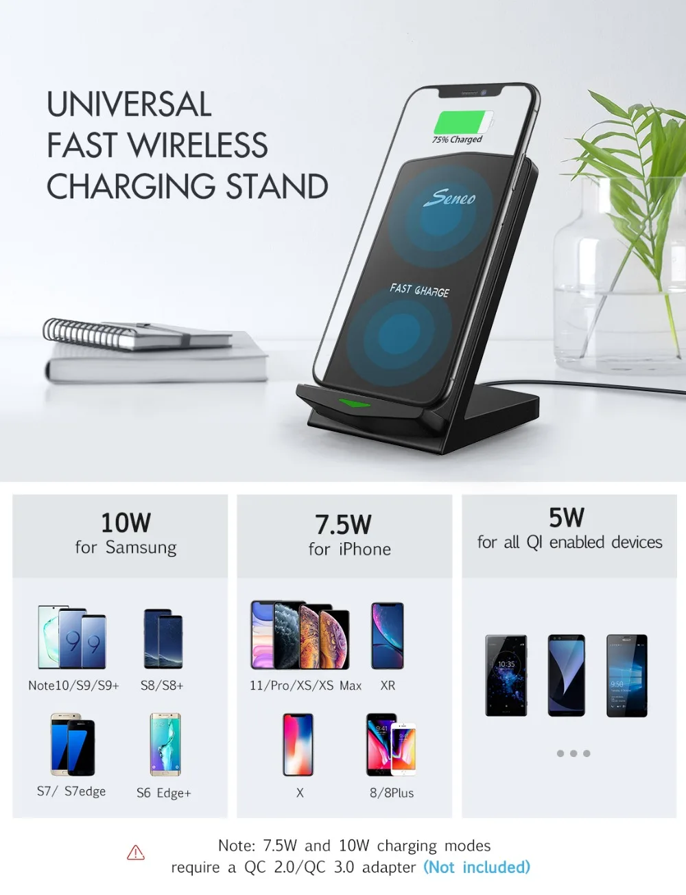 Seneo PA153 Wireless Charger Stand Quick Charger Dock 10W Fast Charging Samsung S10 S9 Note 9 10 7.5W For iPhone 11 XS XR X 8 (9)