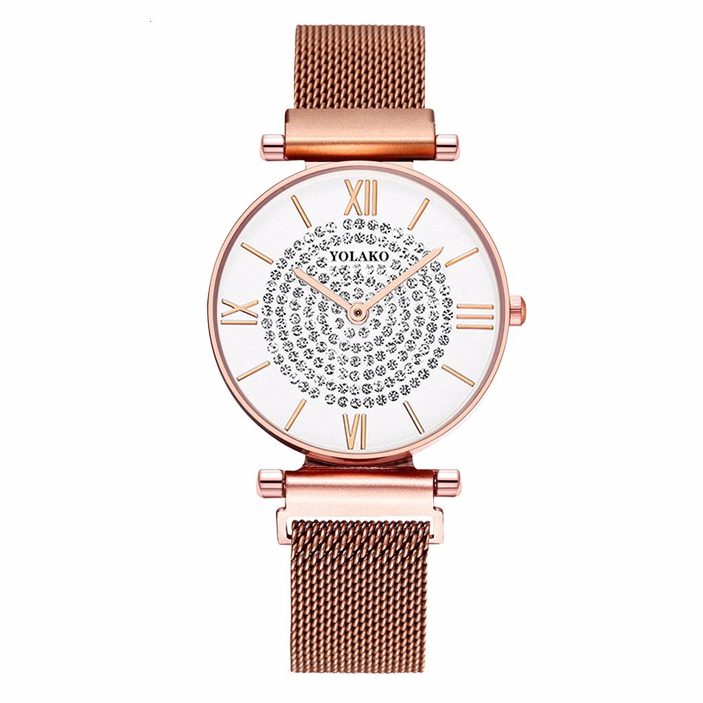 rose gold white Женские с магнитом пряжка полная Алмазная часы класса люкс Женские Нержавеющая сталь сетка кварцевые часы с ремешком YOLAKO часы - Цвет: rose gold white