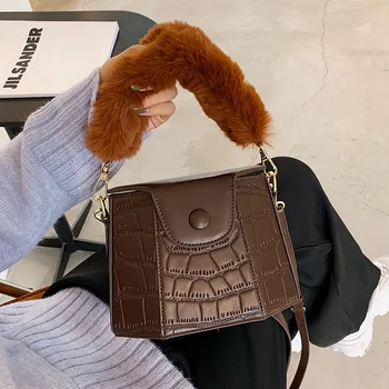 

Stone Pattern Pu Leather Crossbody Bags For Women 2021 New With Plush Handle Handbags And Purses Women's Shoulder Messenger Bags