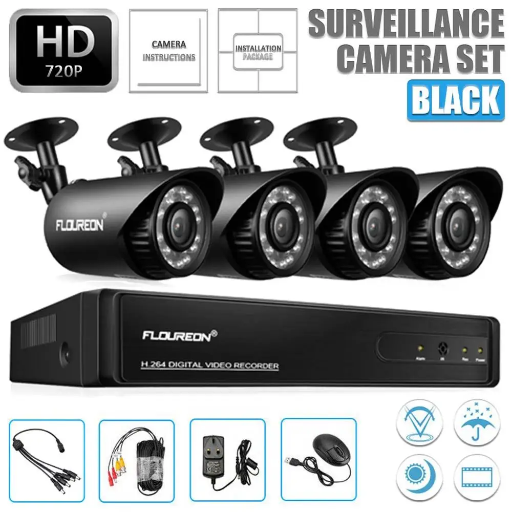 

DVR Kit Surveillance security 4 camera system home cctv video recorder hd night day 4 ch Monitor detection motion sensor 720P