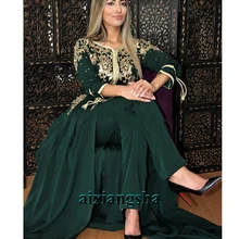 

Aixiangsha Green Moroccan Kaftan Evening Dresses Detachable Train Belt Gold Appliques Celebrity Robe De Soiree Party Gowns