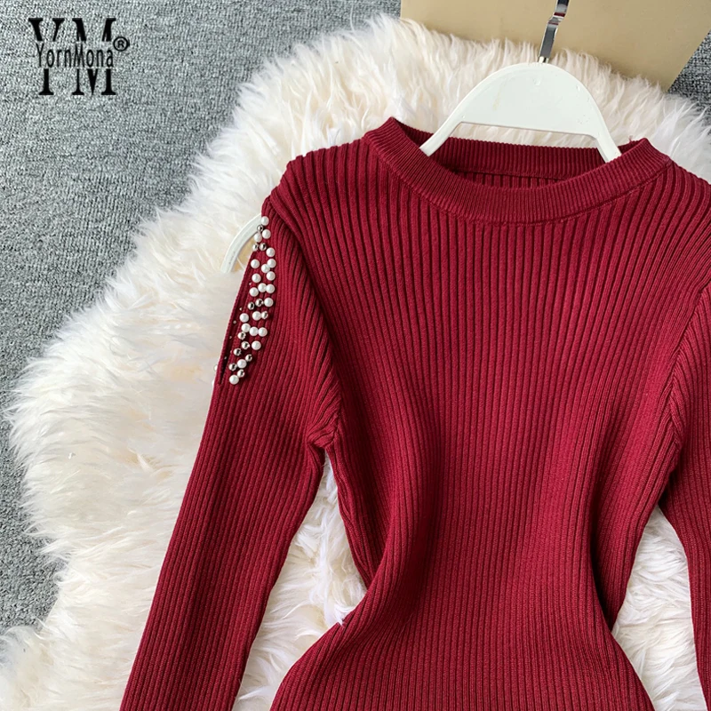 YornMona хорошее качество класса люкс Бисер Для женщин Bodycon Вечерние платье осень-зима вязаный Платья-свитеры женские офисные рабочие платья