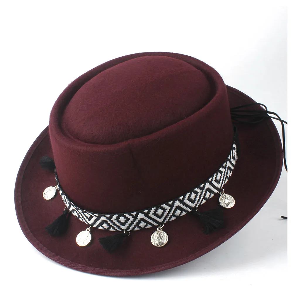 Модная женская шляпа-пирожок Осенняя шерстяная шляпа Fedora Повседневная дикая джазовая дамская шляпа-колокол шляпа с бахрома на ленте размер 58 см - Цвет: Wine Red