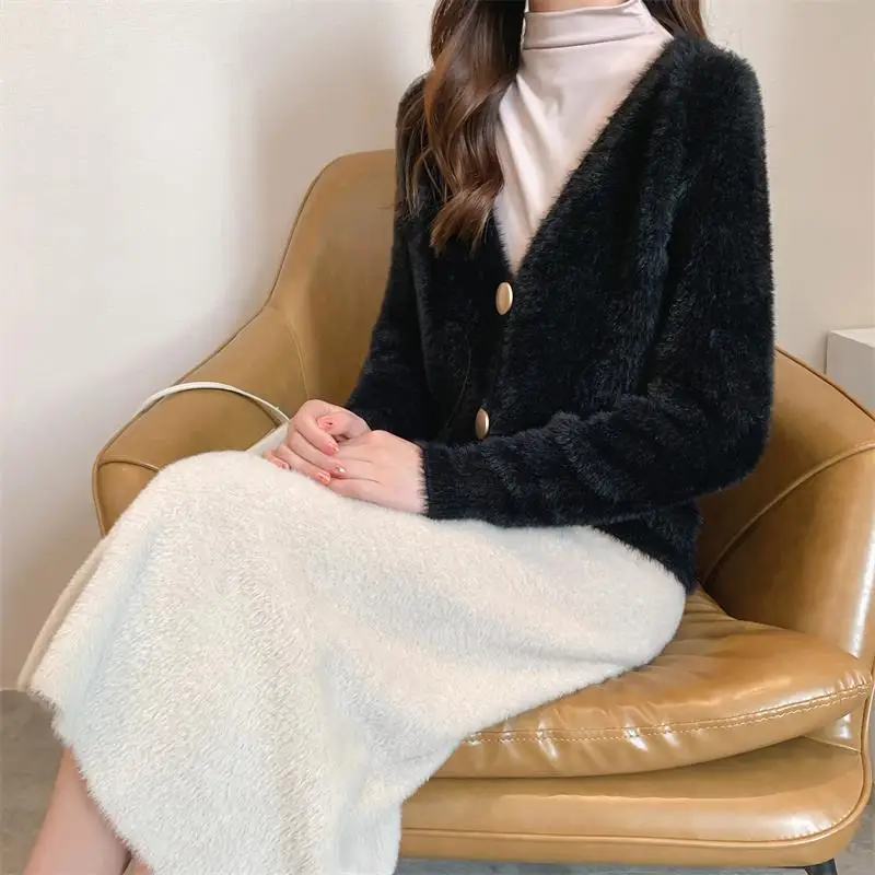 Однобортный шерстяной женский кардиган с золотыми блестящими пуговицами, свитер, Повседневный женский теплый элегантный осенне-зимний женский кардиган