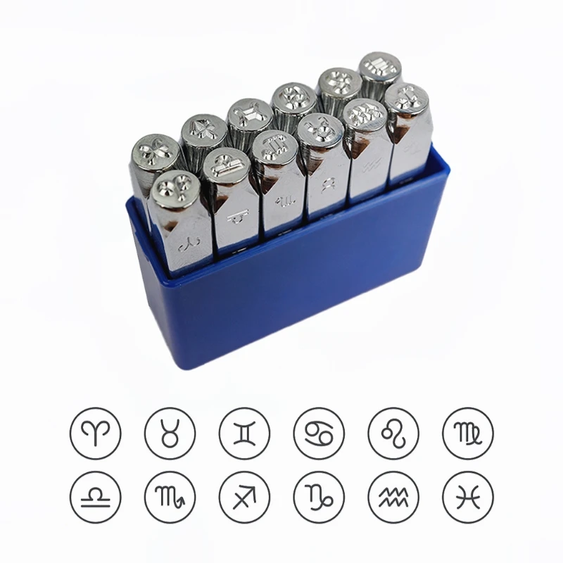 

12 Packs Constellation Theme Design Titanium Steel Stamp Punch with Tool Case for Jewelry Leather Stamping Matte Texture