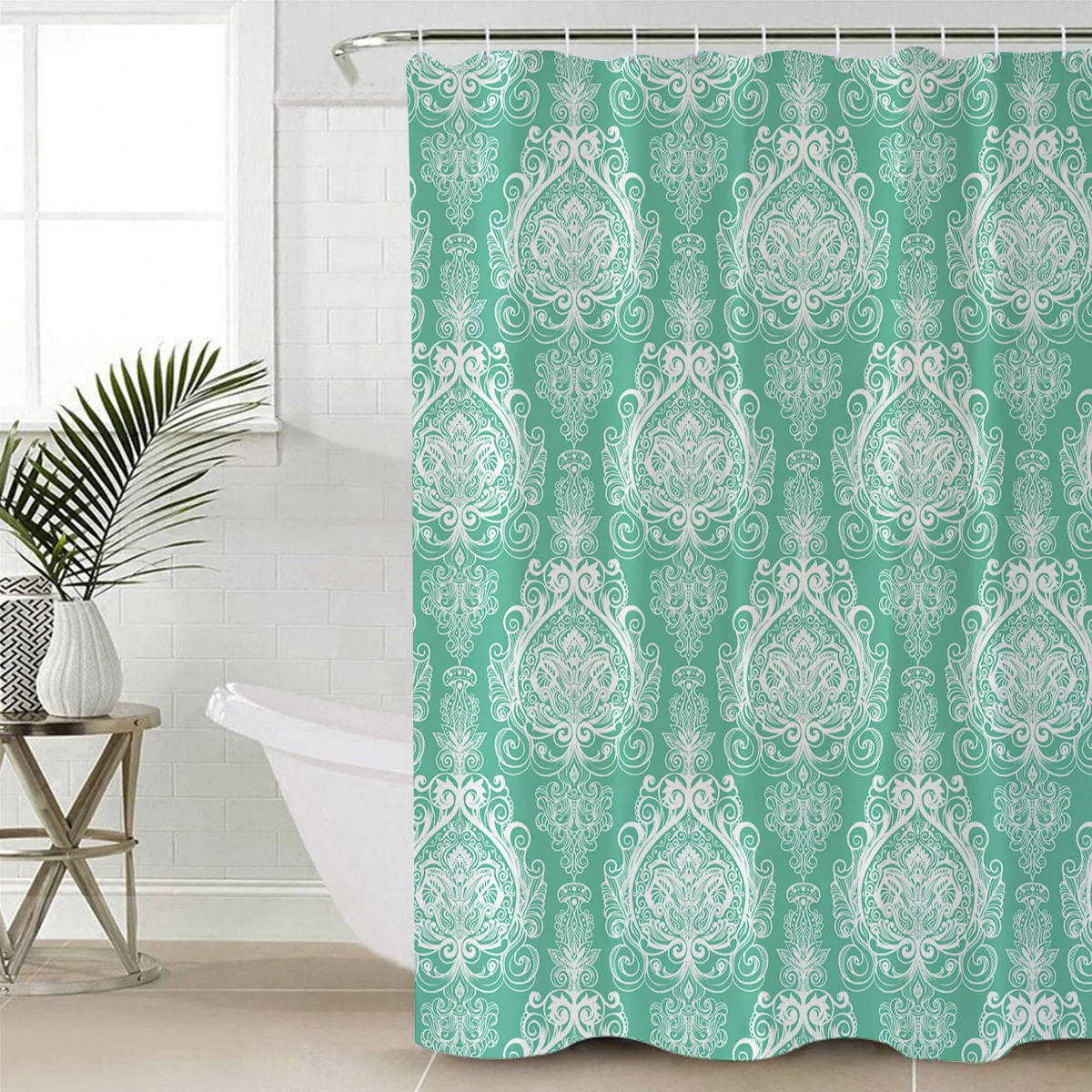 Classical Baroque In Green Polyester Fabric Bathroom Shower Curtain with Hooks