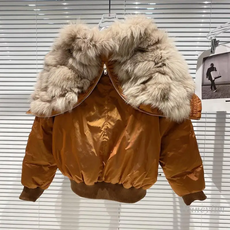 

White Duck Down Winter Jacket New Big Real Fox Fur Collar Zipper Hooded Bomber Jacket Lady High Waist Short Coat