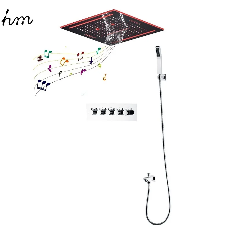 hm Led 16 Inch Muisc Shower Set Bathroom Chrome/Black Waterfall Rain SPA Massage Thermostatic Showerhead Faucets