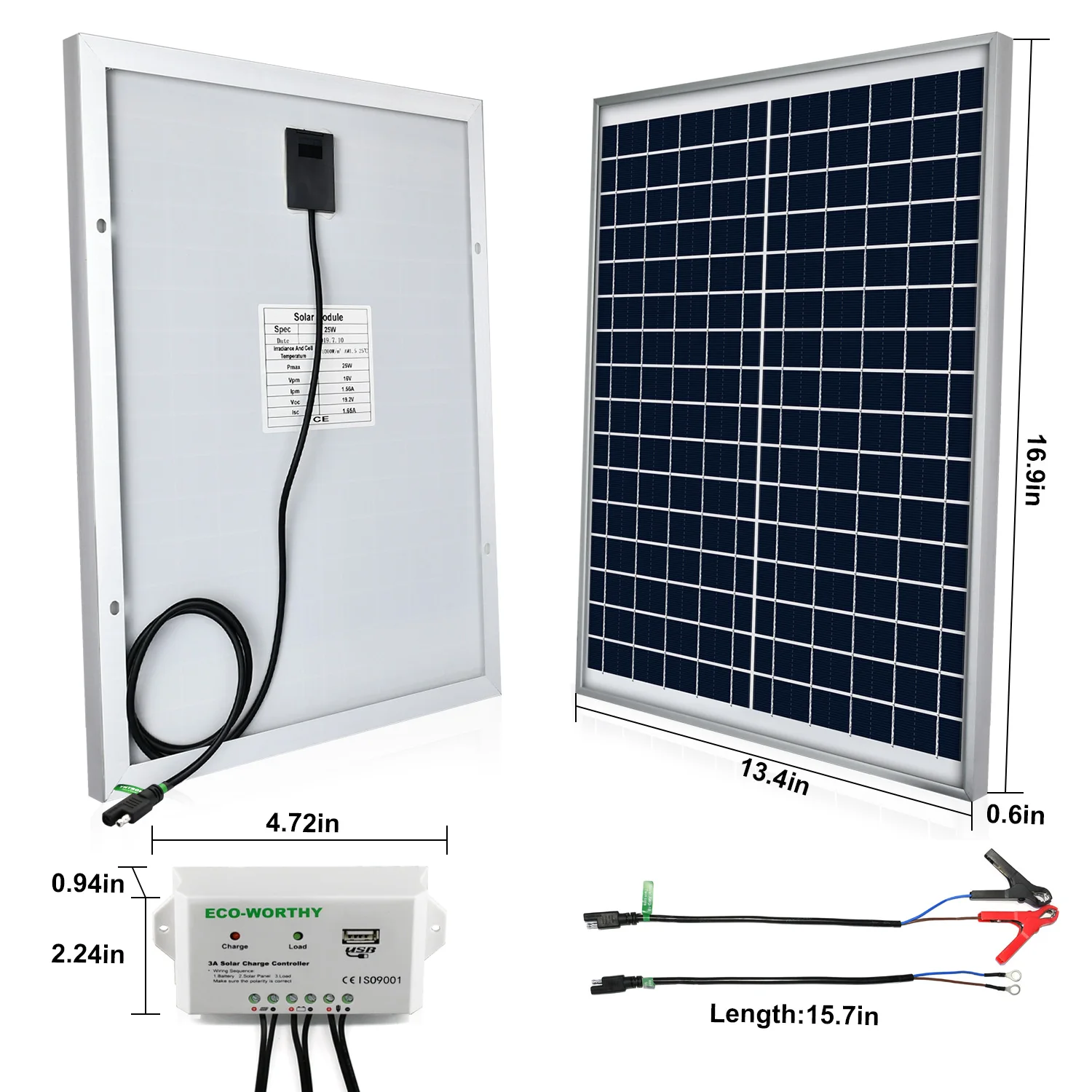 ECO WORTHY 25W 12V солнечная панель с кабелями и зажимами для батареи контроллер заряда
