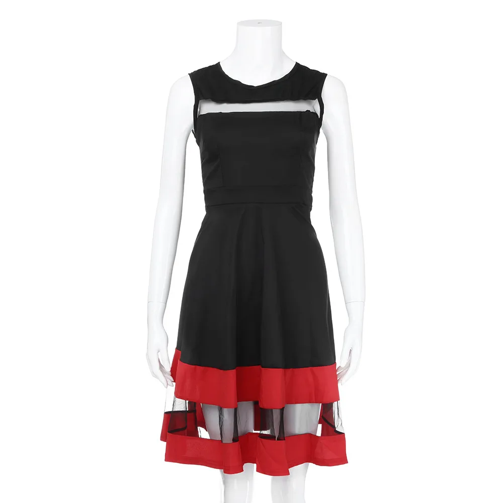 Women's Dresses Jurken 2019Top Hot Women Elegant Knee-Length Sexy Mesh Patchwork O-Neck Sleeveless Party Dress Robe Femme