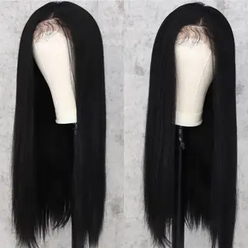 

BeautyTown Silk Natural Black Yaki Straight Wig Baby Hair Holiday Women Wedding Party Daily Makeup Present Synthetic Lace Wigs