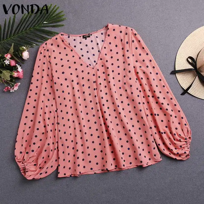 

Maternity Blouse 2019 VONDA V Nexk Long Sleeve Shirts Office Ladies Blouses Casual Tops Vintage Lantern Sleeve Dot Print Blusas